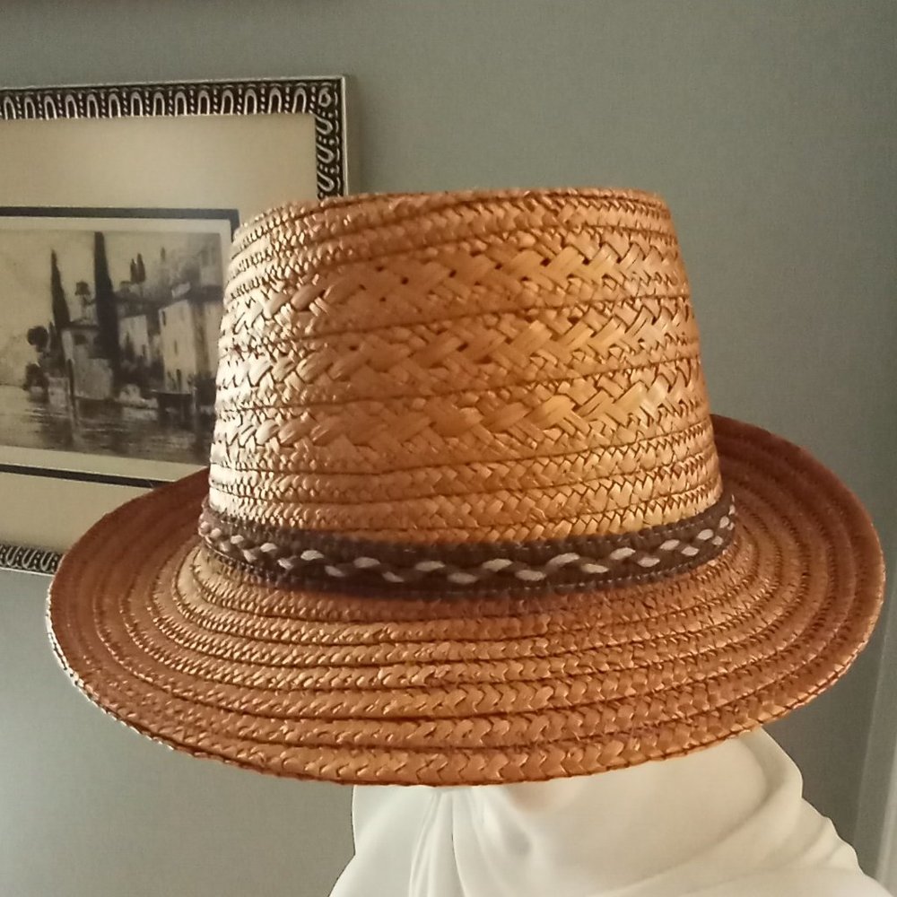 Vintage Brown Straw Fedora/Trilby Hat with Dark Braided Band